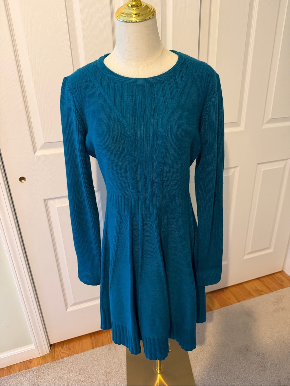 Long-Sleeve Teal Knit Fit & Flare Dress